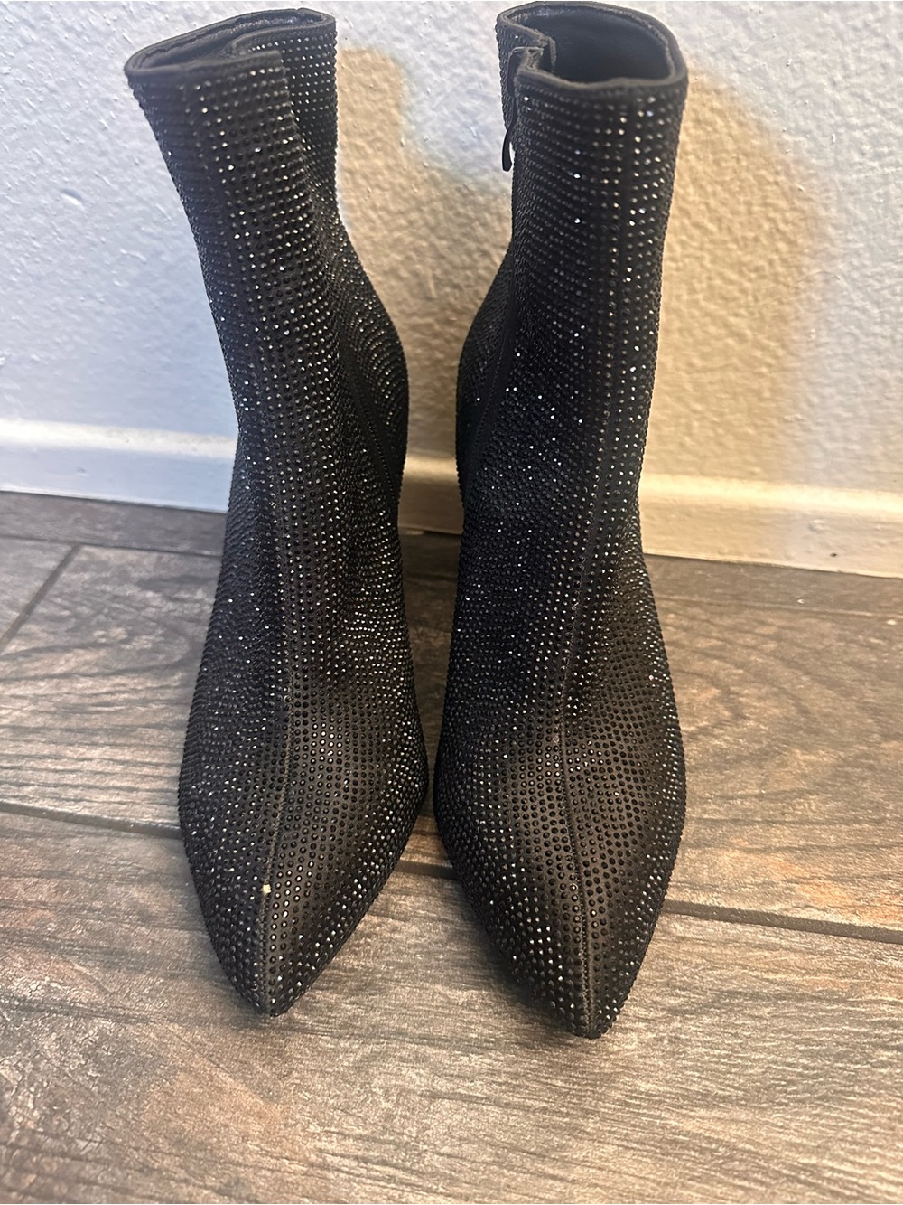Black Rhinestone Pointed Toe Booties - Women